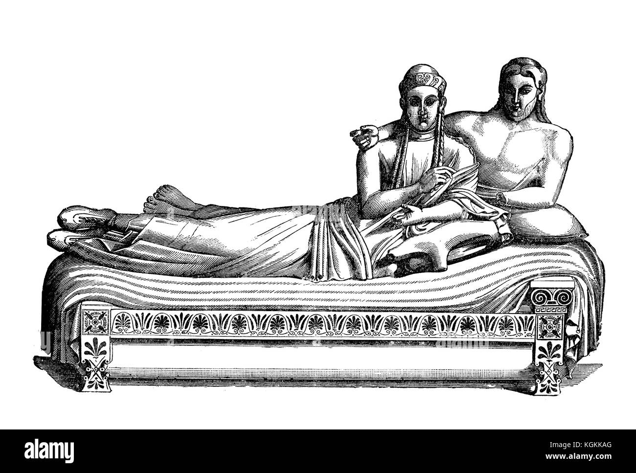 Sarkophag der Ehepartner, hergestellt in Terrakotta im VI. Jahrhundert v. Chr., Meisterwerk etruskischer Kunst aus Caere (heute Cerveteri), stellt ein verheiratetes Paar dar, das im Jenseits gemeinsam feiert Stockfoto