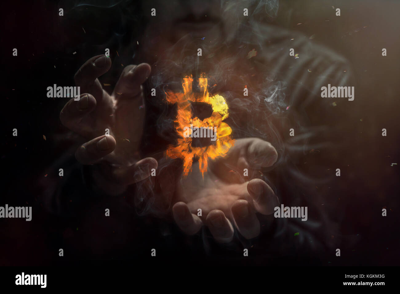 Brennen Symbol Der Bitcoin Mit Mann Im Hintergrund Konzeption - 