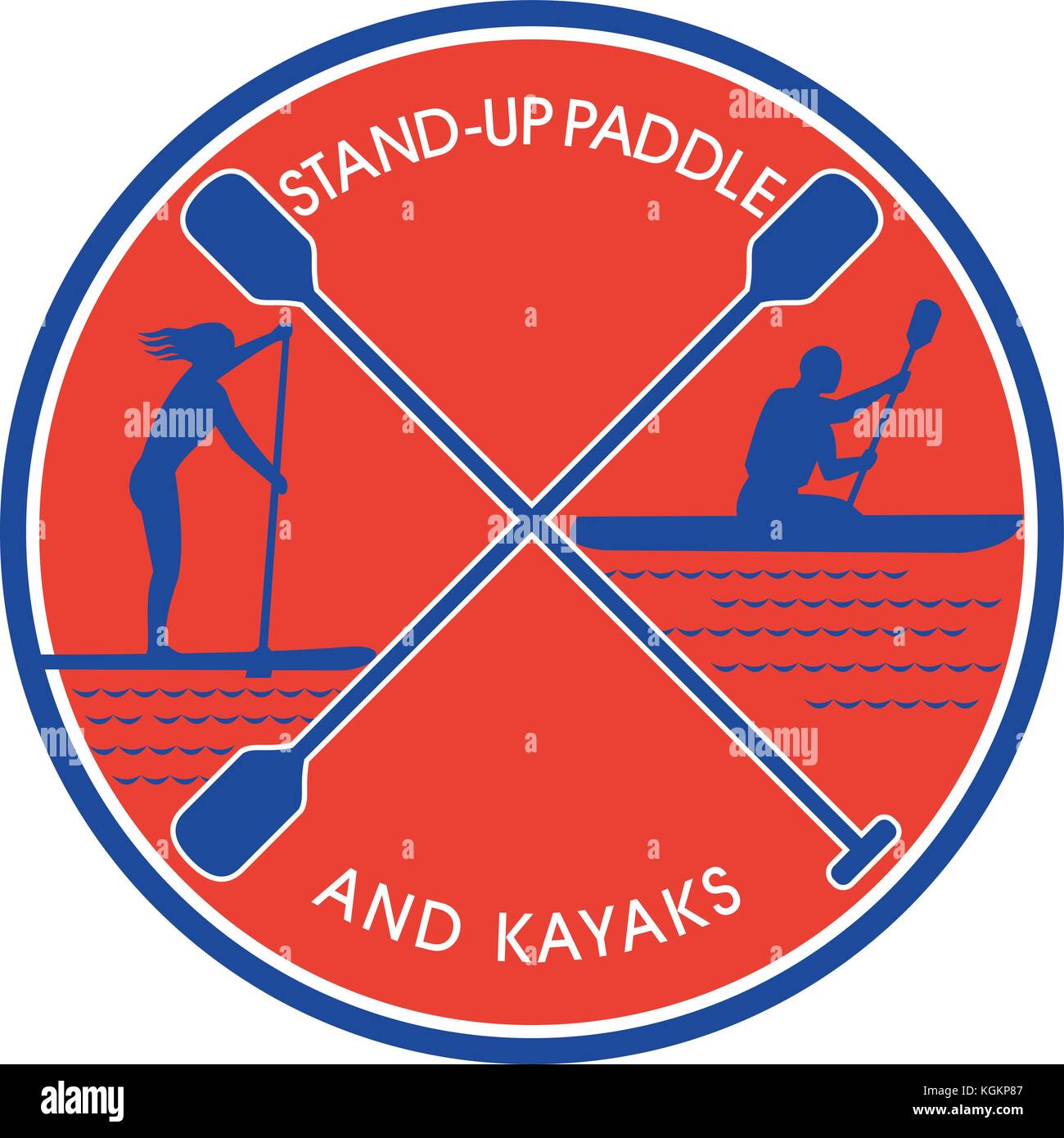 Retro Style Abbildung der weiblichen auf Stand-up Paddle oder sup und männlichen auf Kajak paddeln mit gekreuzten Paddel im Zentrum innerhalb des Kreises auf isolierten Ba Stock Vektor