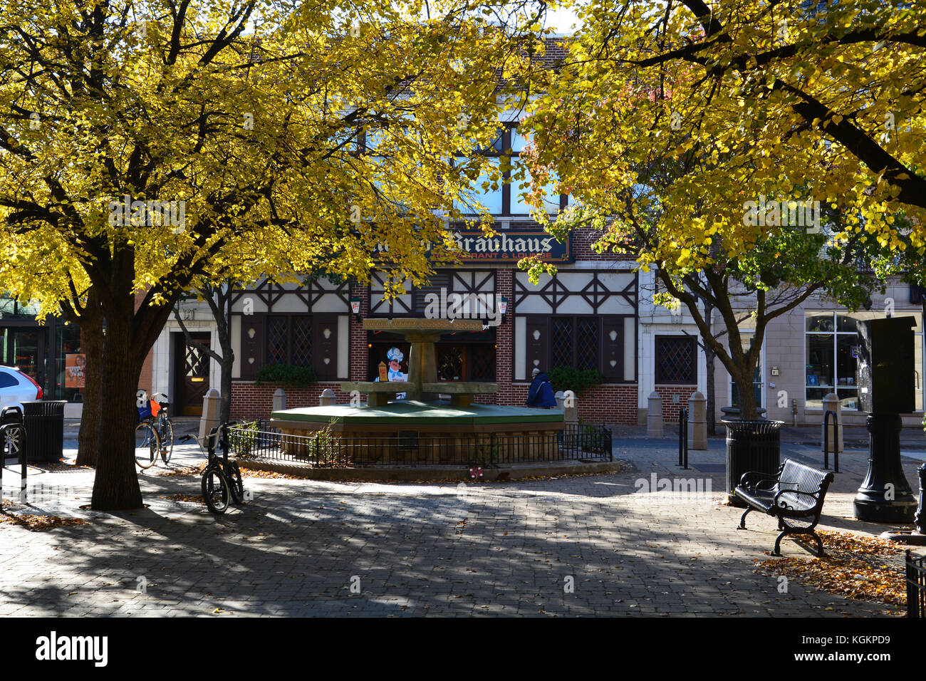 Giddings Plaza ist ein Baum Fußgängerzone im zentralen Einkaufsviertel der Lincoln Square Viertel von Chicago gefüttert Stockfoto