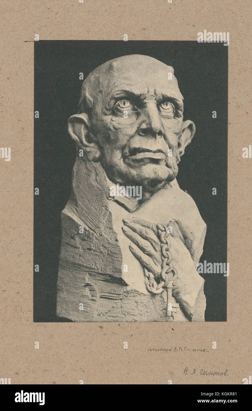 Foto aus der Russischen satirische Zeitschrift gamayun der großen inquisitor Büste, Konstantin Pobedonostsev, ein Mitglied des Rates der Empire, Chief Prokurator der Heiligen Synode im Jahre 1880, und einer der einflussreichsten Männer im russischen Reich während der Herrschaft von Alexander III., die eine Kette mit einem Schlüssel, 1906. Stockfoto