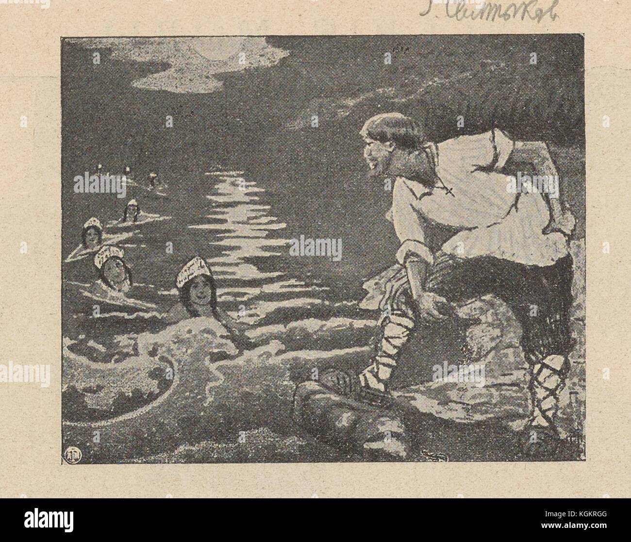 Illustration aus der russischen Satirezeitschrift Na Rasputi (an der Kreuzung) eines Fischers, der an einem Ufer steht und eine Linie schwimmender Meerjungfrauen ansieht, die Kokoshniks tragen, traditionelle russische Kopfbedeckungen, die von Frauen getragen werden, 1906. () Stockfoto
