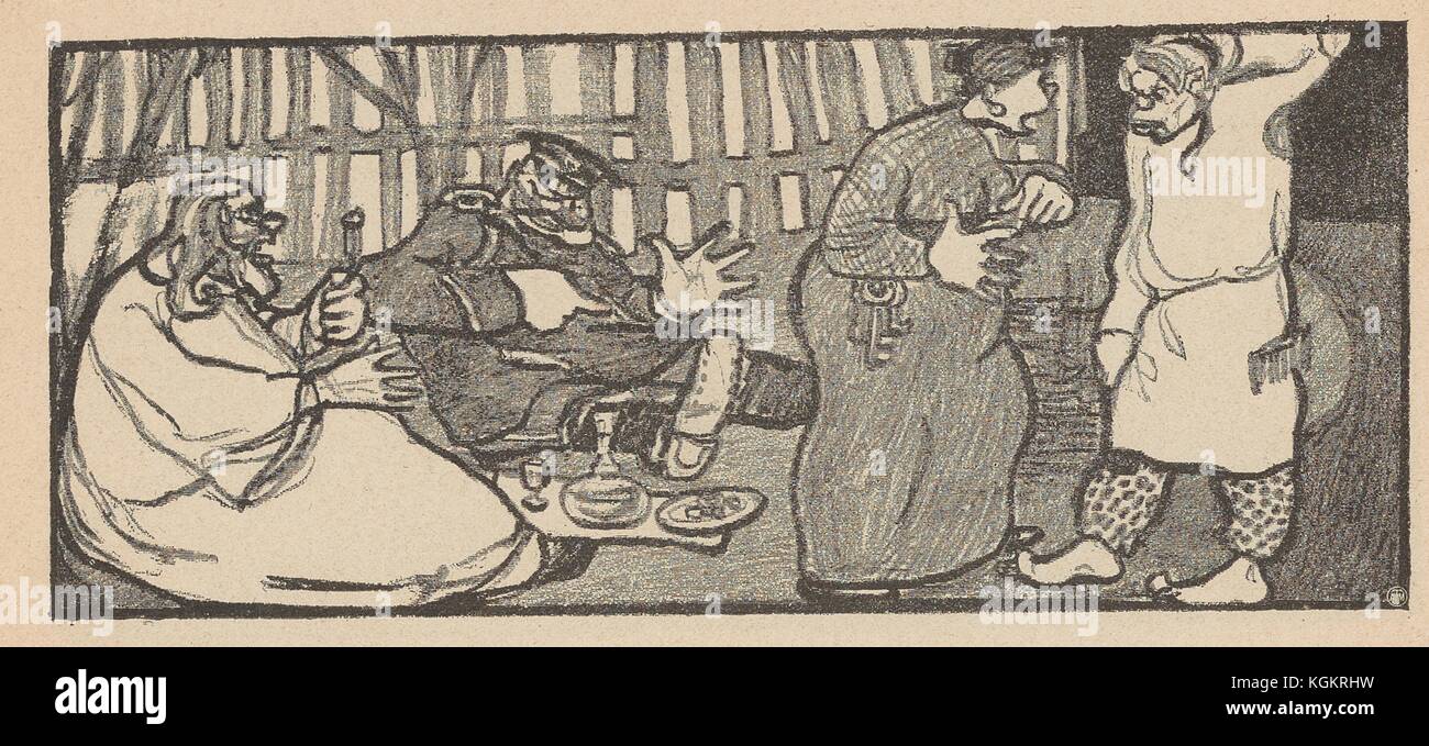 Cartoon aus der russischen Satirezeitschrift Na Rasputi (an der Kreuzung), die eine Frau mit Schlüsseln um die Hüfte hängt, wahrscheinlich eine Wirtin oder Wirtin, die mit einem Bauern spricht, während ein Polizist und eine religiöse Figur auf dem Boden essen, 1906. () Stockfoto