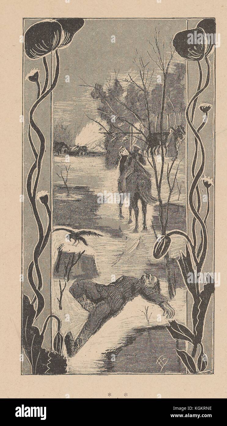 Illustration aus der russischen Satirezeitschrift Ovod (Gadfly), die einen toten Dorfbewohner zeigt, der auf dem schmelzenden Schnee liegt, mit einem Soldaten auf einem Pferd in der Nähe und einem weiteren Soldaten mit Pferden sowie einem kleinen Dorf in der Ferne; auf der linken und rechten Seite des Bildes sind Ränder mit Blumen, wahrscheinlich Mohnblumen, auf ihnen, 1906. Stockfoto