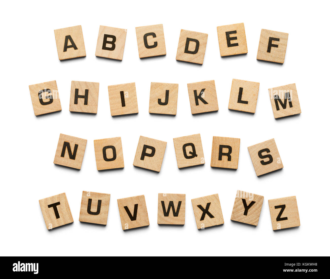 Alphabet aus Holz Fliesen auf einem weißen Hintergrund. Stockfoto