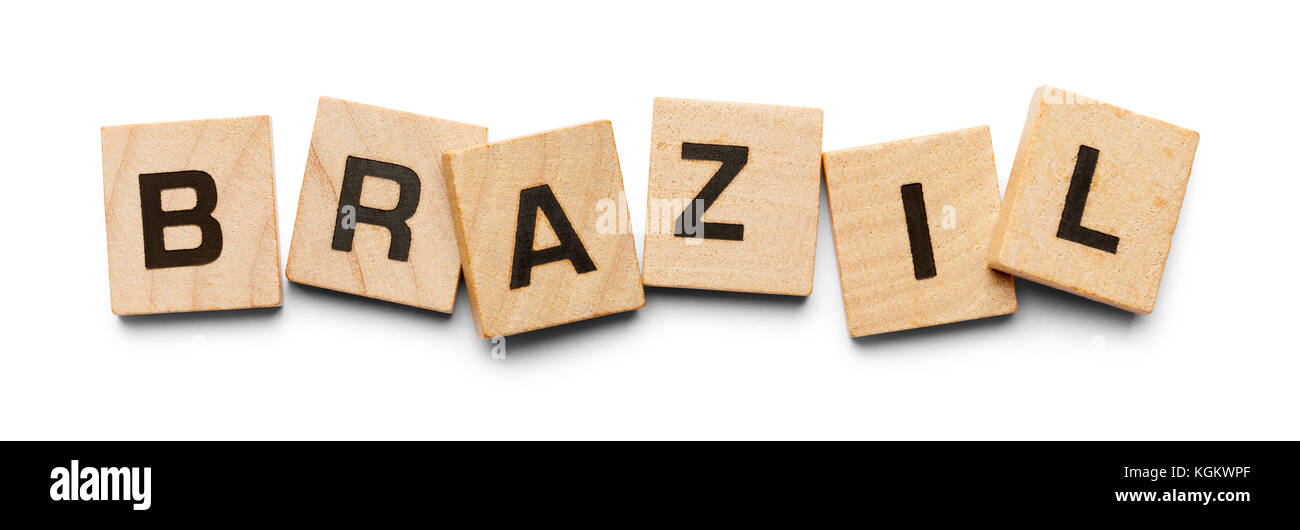 Brasilien mit Holz Fliesen auf einem weißen Hintergrund geschrieben. Stockfoto
