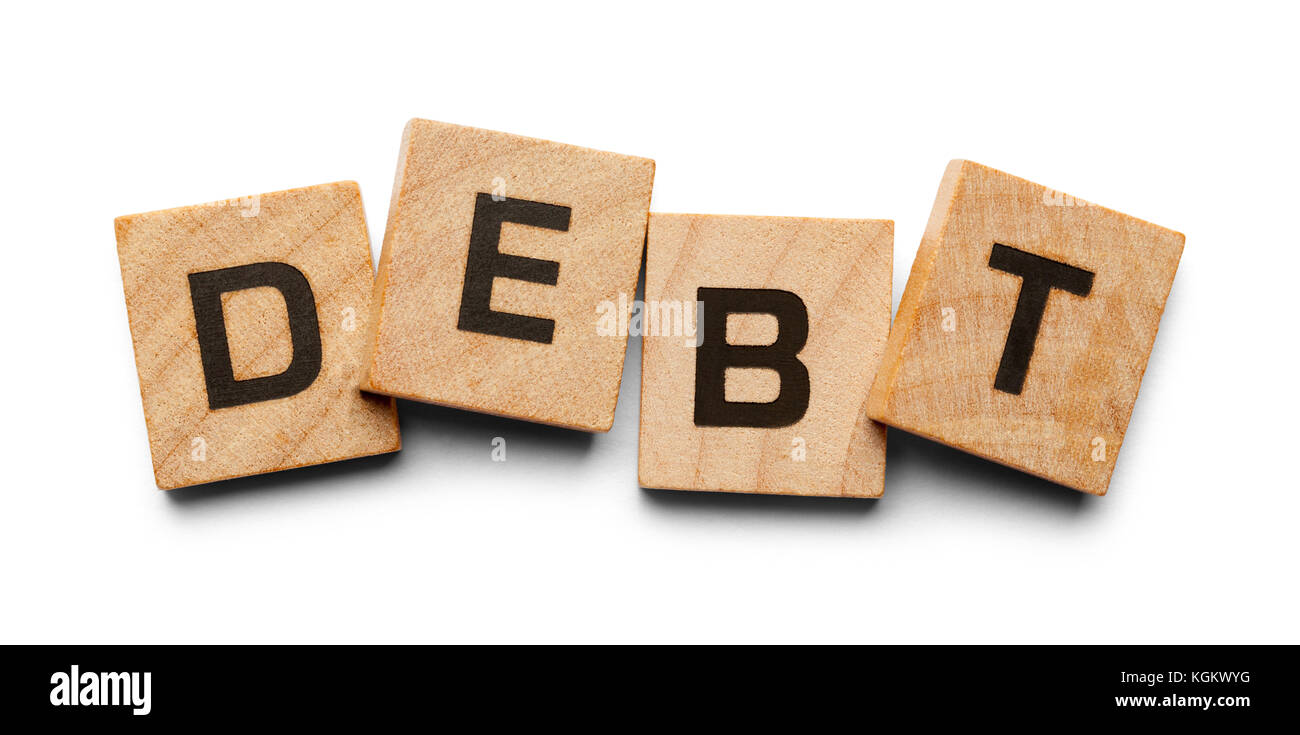 Schulden mit Holz Fliesen auf einem weißen Hintergrund geschrieben. Stockfoto
