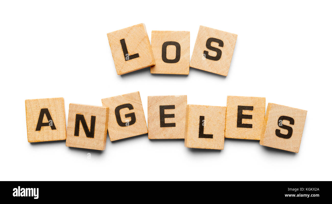 Los Angeles mit Holz Fliesen auf einem weißen Hintergrund geschrieben. Stockfoto