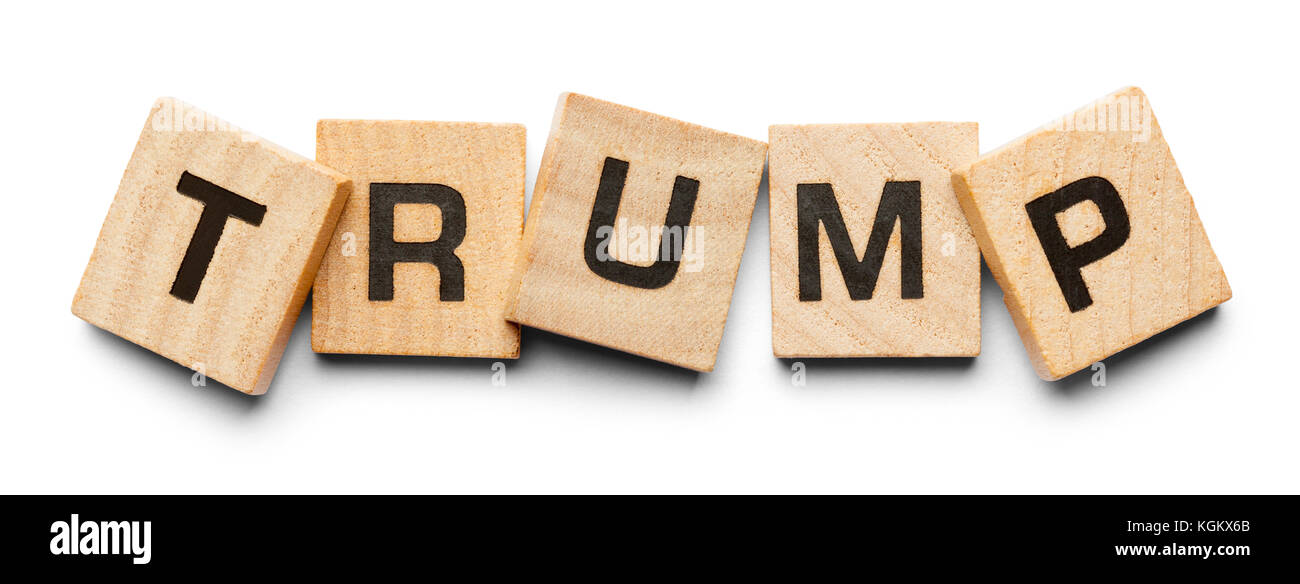 Trump mit Holz Fliesen auf einem weißen Hintergrund geschrieben. Stockfoto