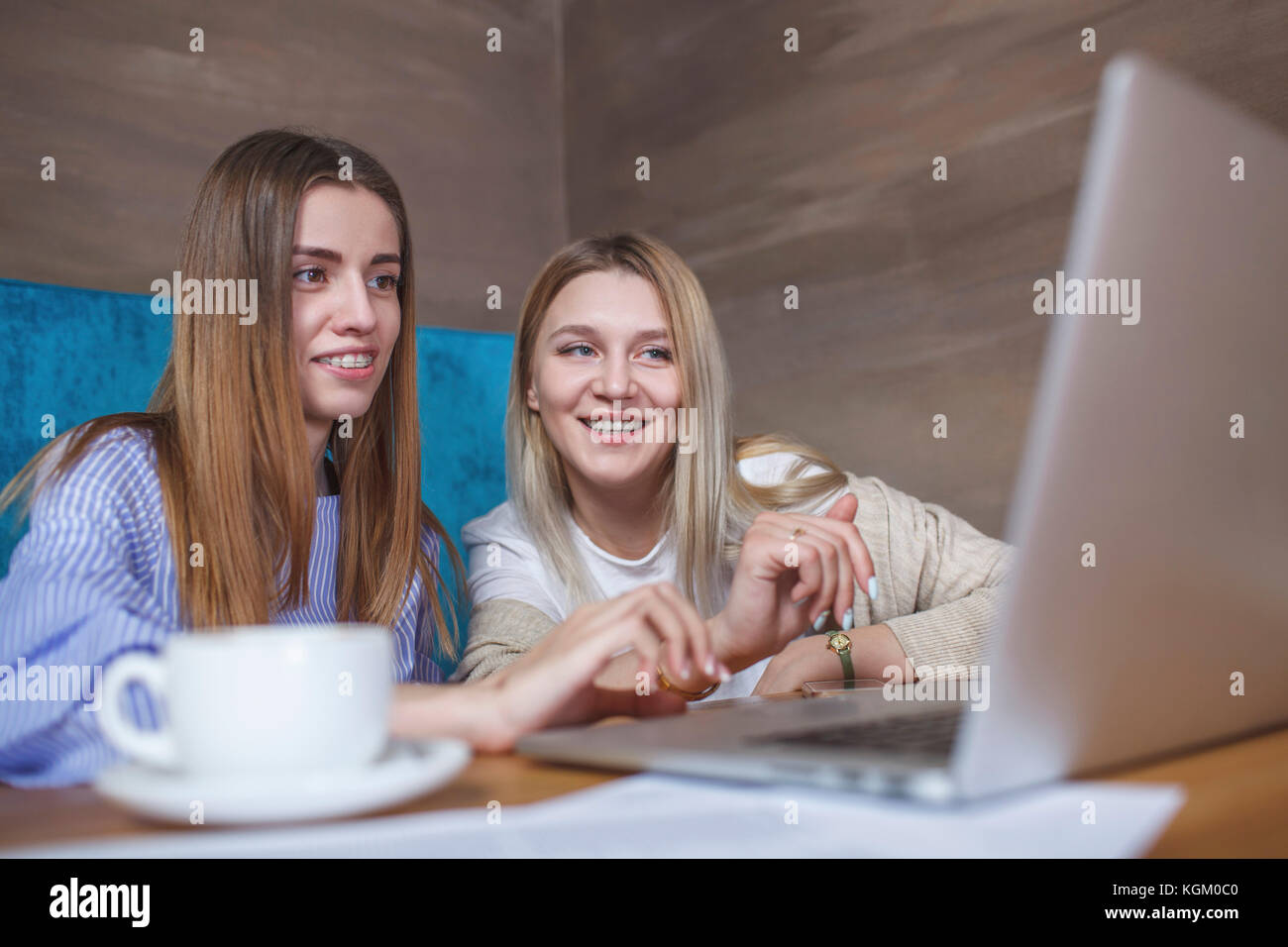 Junge weibliche Freunde mit Laptop, während im Restaurant sitzen Stockfoto