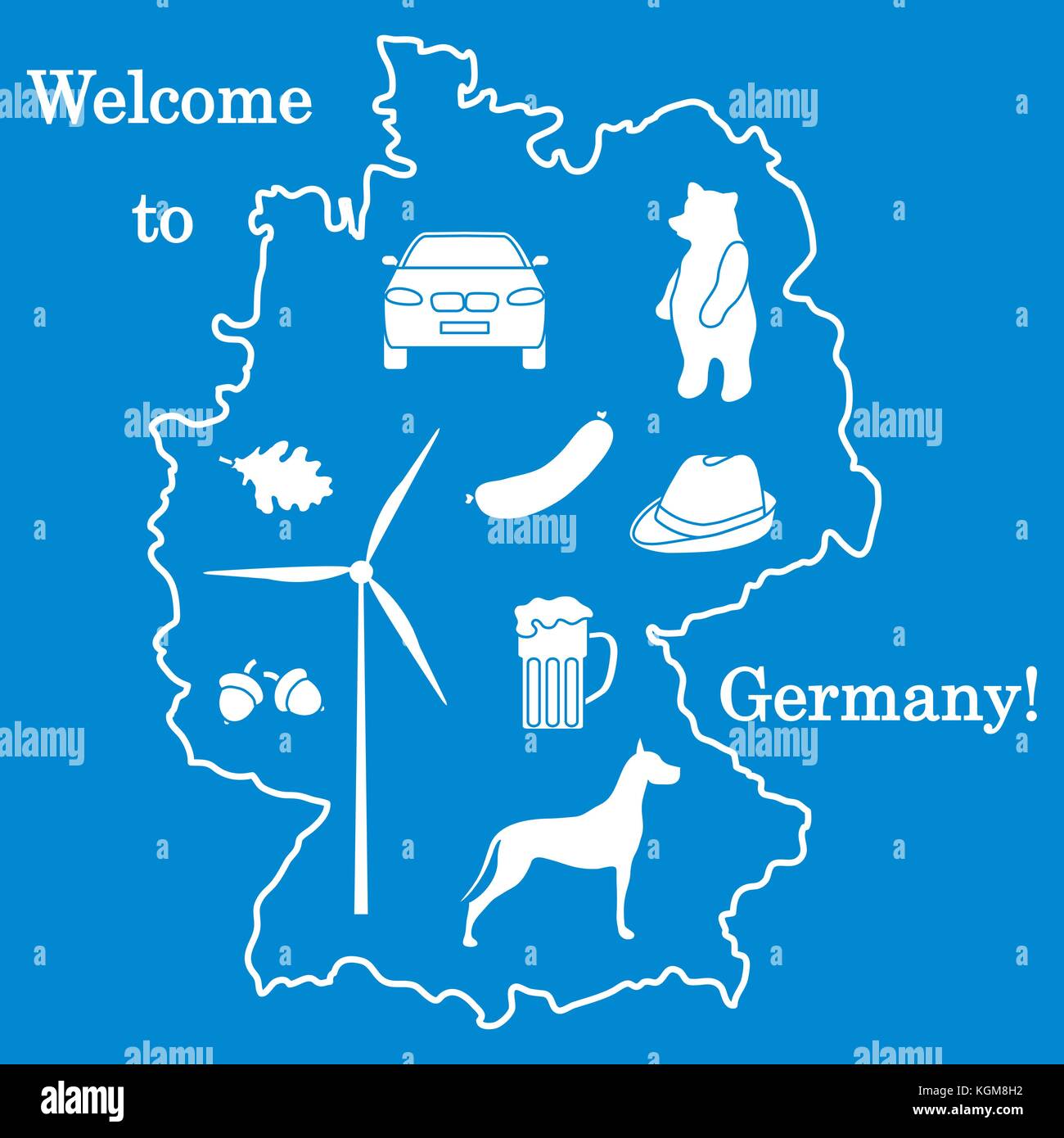 Vector Illustration mit verschiedenen Symbolen in Deutschland. Reisen und Freizeit. Design für Banner, Poster oder Drucken. Stock Vektor