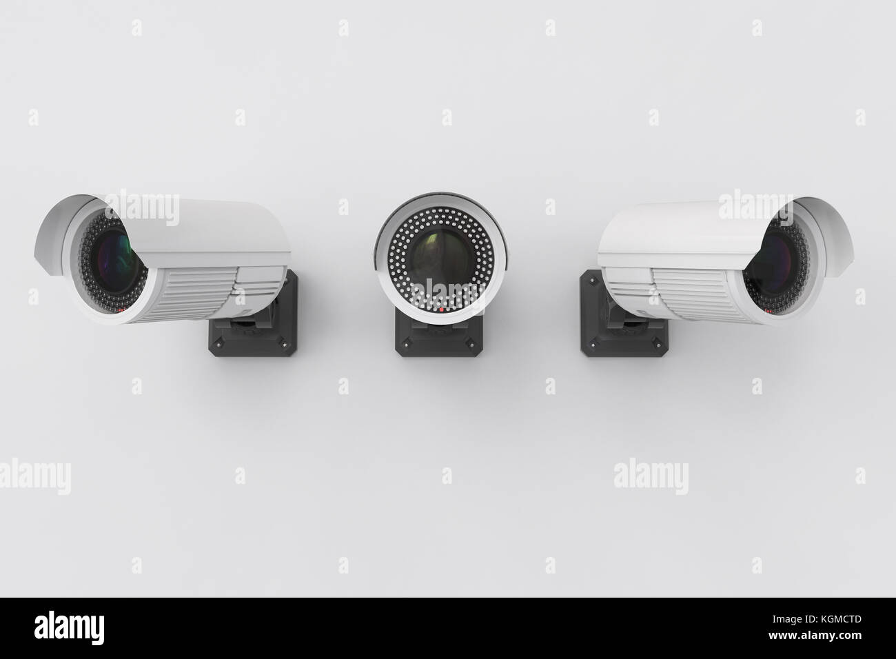 3D Rendering-Sicherheits-Kamera oder Überwachungskamera an Wand Stockfoto