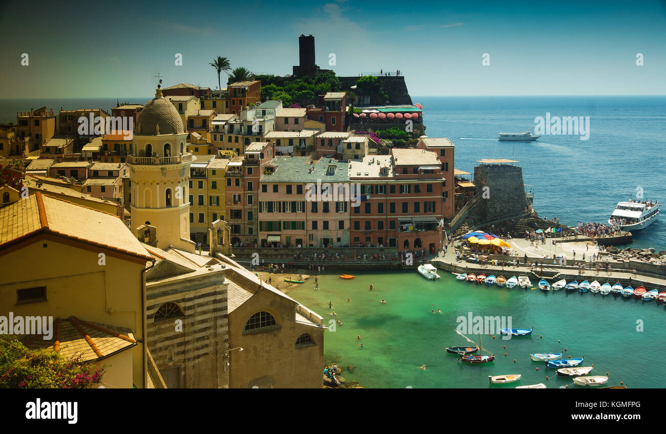 Stadt Vernazza, Cinque Terre, Italien, Draufsicht Stockfoto