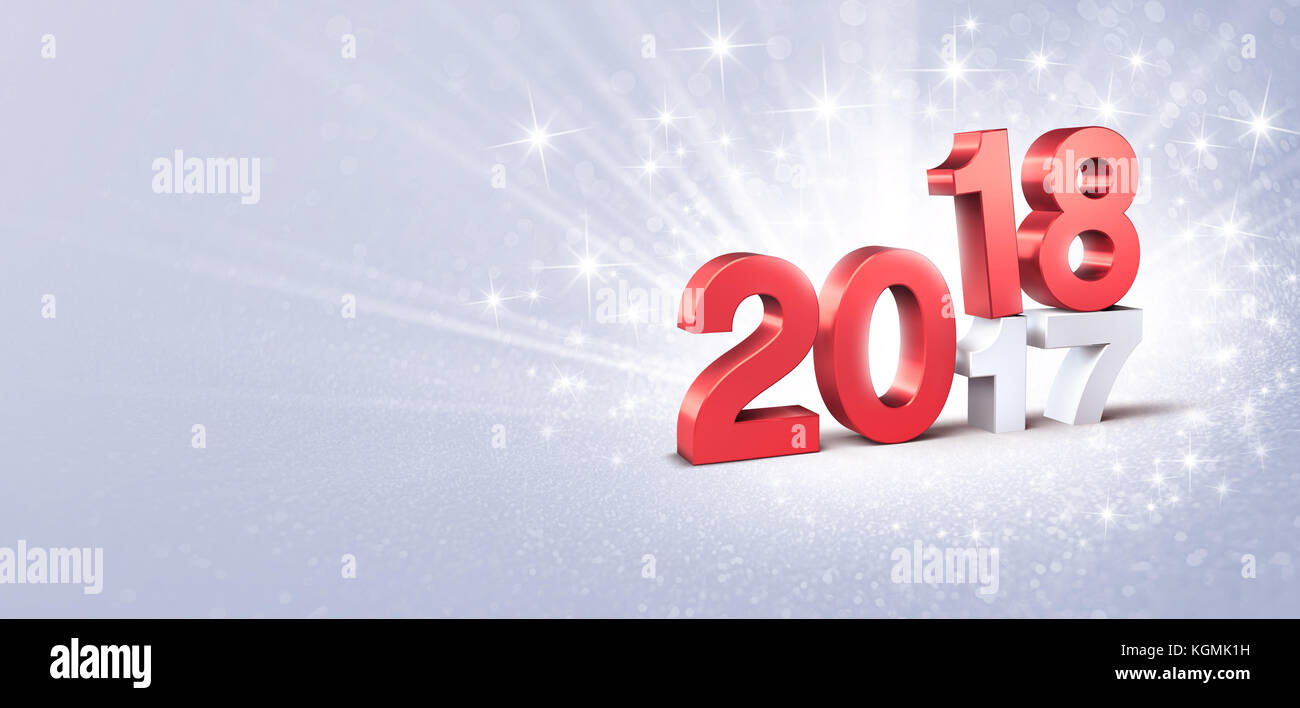 Neues Jahr Datum 2018 oben 2017, in rot gefärbt, auf einem silbernen festlichen Hintergrund - 3D-Darstellung Stockfoto