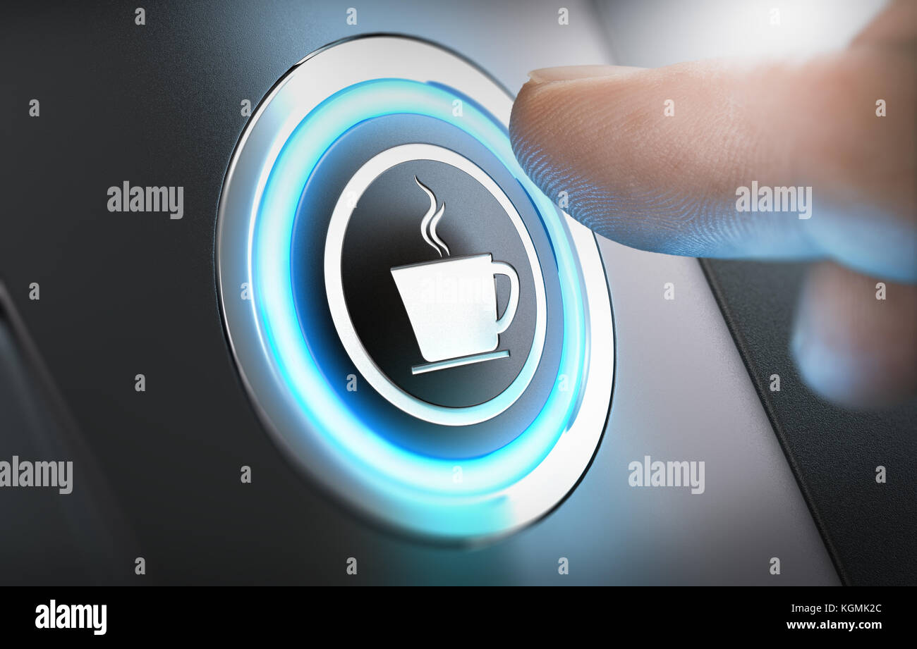 Finger drücken einer Kaffeemaschine Taste mit einer Schale Symbol. Pause Konzept. Composite zwischen Fotografie und 3D-Hintergrund. Bild horizontal Stockfoto