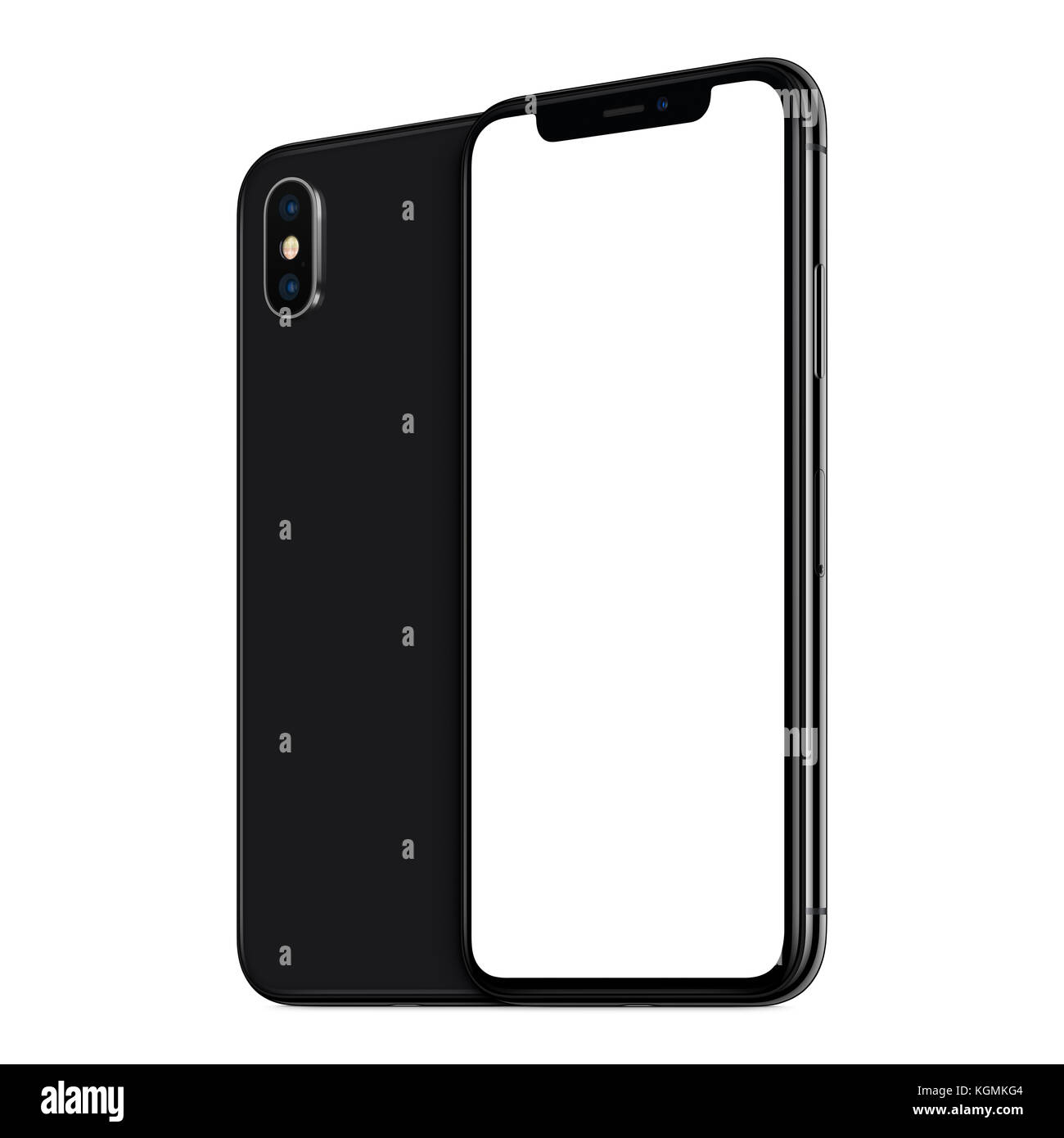 Schwarz gedreht Smartphones mockup ähnliche Front zu iPhone X und zurück Seiten hintereinander auf weißem Hintergrund Stockfoto
