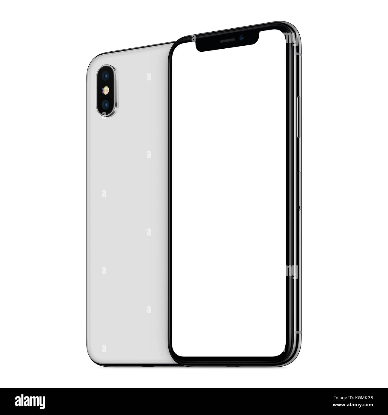 Weiß gedreht Smartphones mockup ähnliche Front zu iPhone X und zurück Seiten hintereinander auf weißem Hintergrund Stockfoto