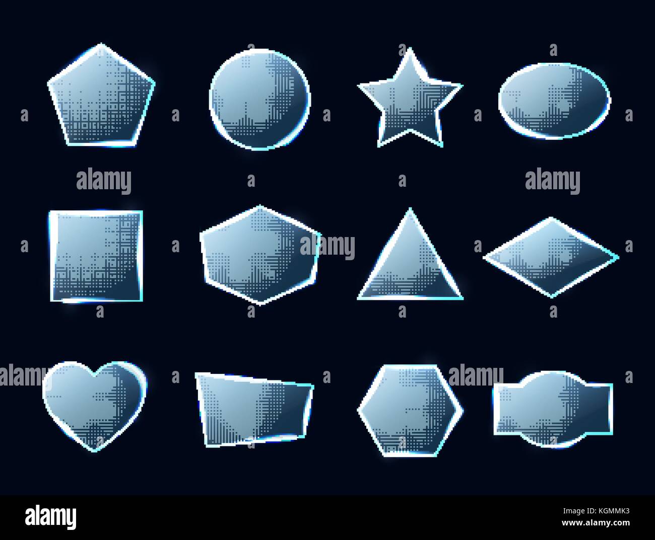 Blau leuchtende Glasplatten gesetzt. Texturierte frames. Stock Vektor