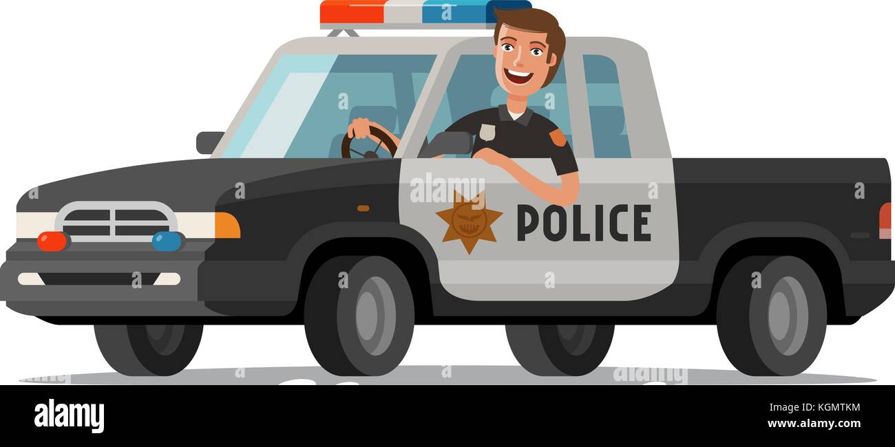 Glücklicher Sheriff fährt im Auto. Polizeifahrzeug. Illustration des Zeichentrickvektors Stock Vektor