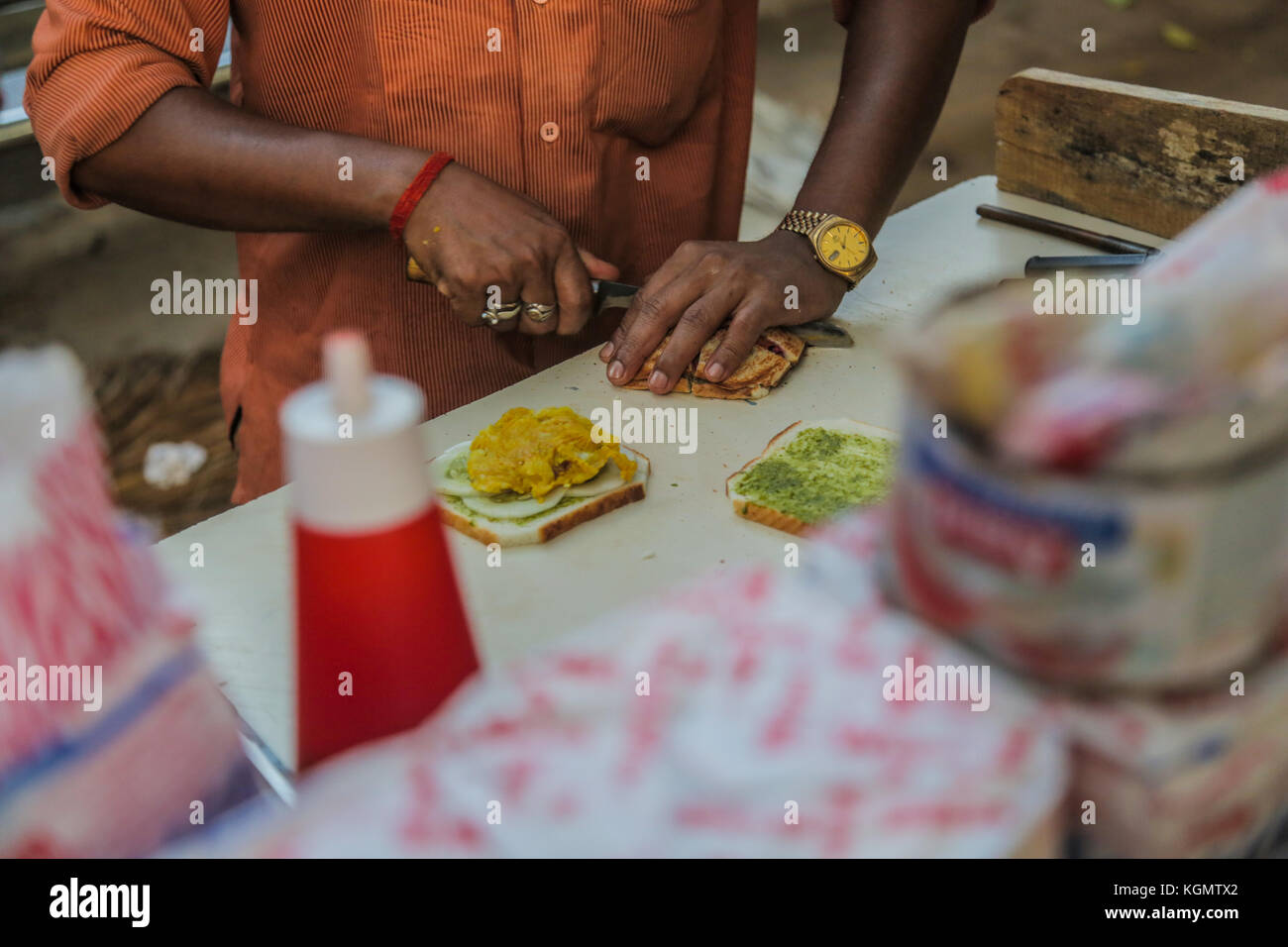 Das Sandwich in einem Lebensmittel in Mumbai, Indien. Stockfoto