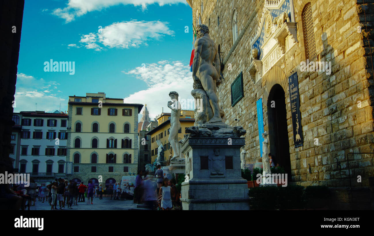 FLORENZ, ITALIEN, Palazzo Vecchio und Piazza della Signoria, Statue von David, Michelangelo Stockfoto