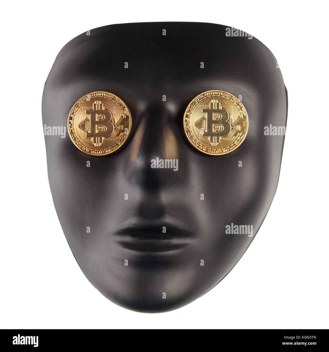 Schwarze Maske mit goldenen Bitcoins auf Augen isoliert auf Weiss. Anonymität und cryptocurrency Konzept Stockfoto