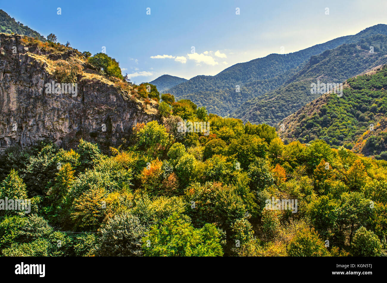 Basaltfelsen mit Blatt- und Nadelwald in der Region Lori in Armenien abgedeckt Stockfoto