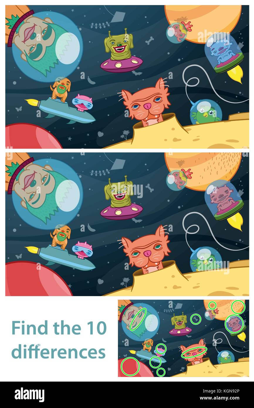 Unterschiede, Bildung Spiel für Kinder. Raum Szene mit Ufo, Rakete und Alien Heimtiere. Stock Vektor