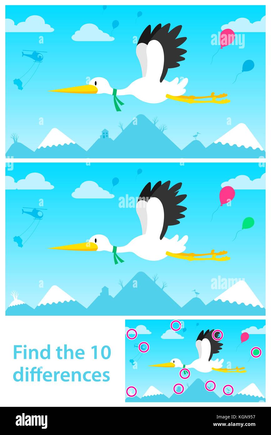 Unterschiede, Bildung Spiel für Kinder. flying Stork mit Berg cartoon Hintergrund. Stock Vektor