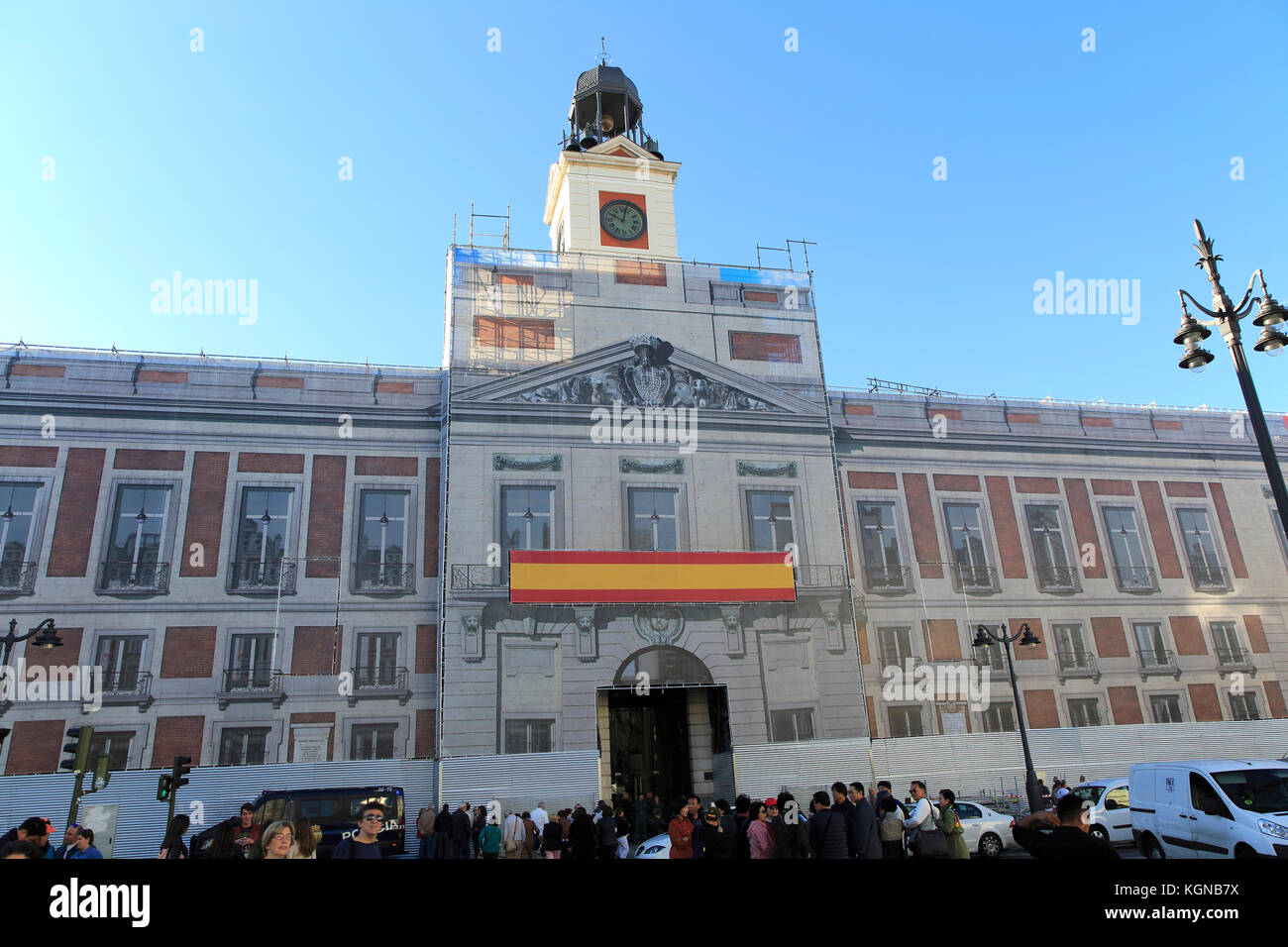 Architektonische Gebäude wrap screening Umbau, Real Casa de Computerwoche, Plaza de La Puerta del Sol, Madrid, Spanien Stockfoto