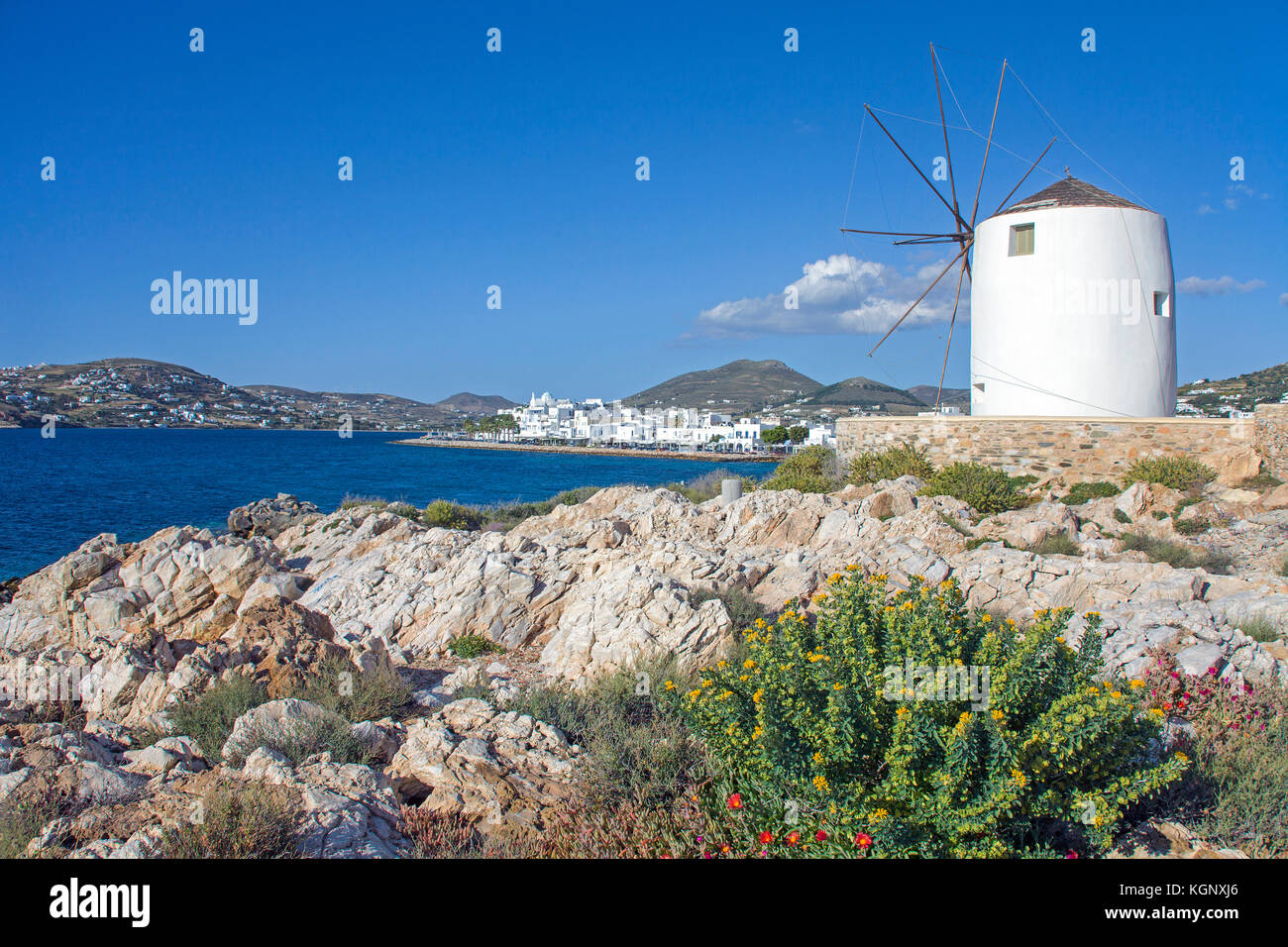 Windmühle am Parikia, Paros, Kykladen, Ägäis, Griechenland Stockfoto