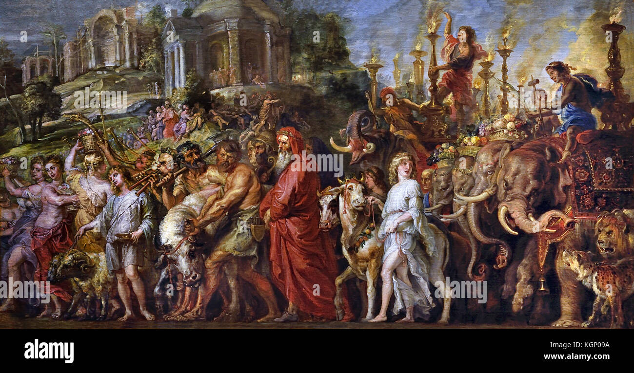 Eine römische Triumph 1630, das Design in Teil von Andrea Mantegnas "Triumph des Julius Caesar" Peter Paul Rubens (1577-1640) Maler in der flämischen Barockmalerei Tradition. Antwerpen, Antwerpen, Belgien, (Jungfrauen, die an der heiligen Riten dienen könnte; Tiere für Opfer, Trompeter und die Spieler, Schlachtern, in rot gekleidet, ein "Pontifex" Priester und Wahrsager; Elefanten Früchte - Räuchergefäße.) Stockfoto