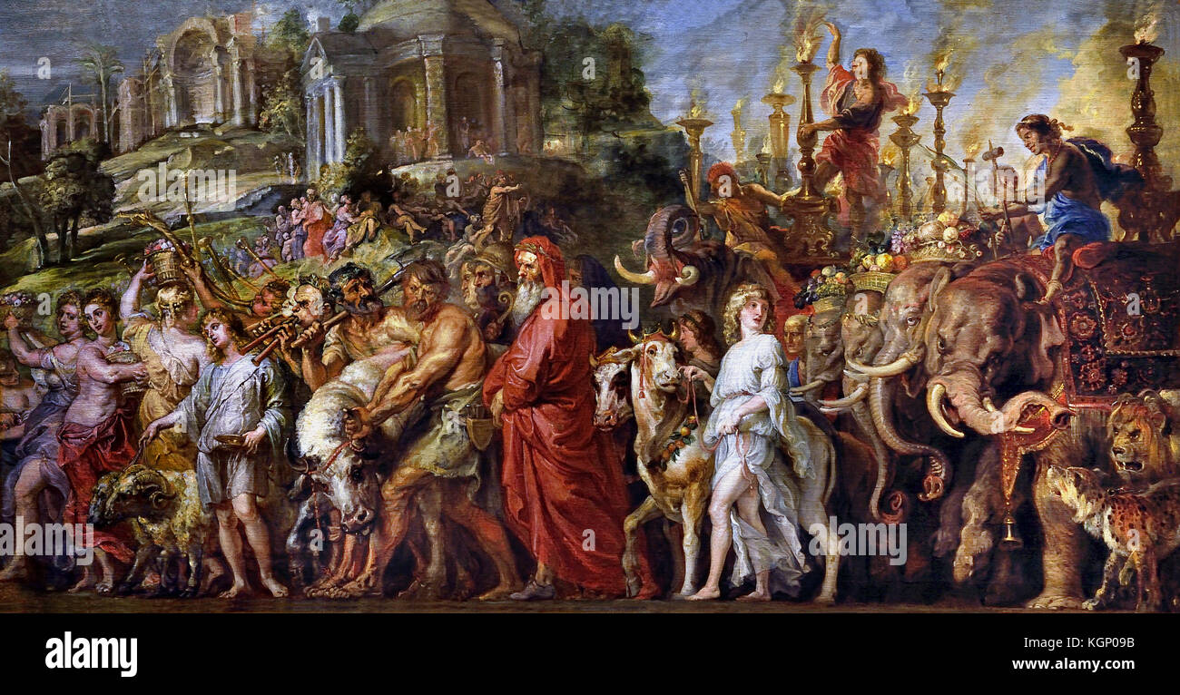 Eine römische Triumph 1630, das Design in Teil von Andrea Mantegnas "Triumph des Julius Caesar" Peter Paul Rubens (1577-1640) Maler in der flämischen Barockmalerei Tradition. Antwerpen, Antwerpen, Belgien, (Jungfrauen, die an der heiligen Riten dienen könnte; Tiere für Opfer, Trompeter und die Spieler, Schlachtern, in rot gekleidet, ein "Pontifex" Priester und Wahrsager; Elefanten Früchte - Räuchergefäße.) Stockfoto