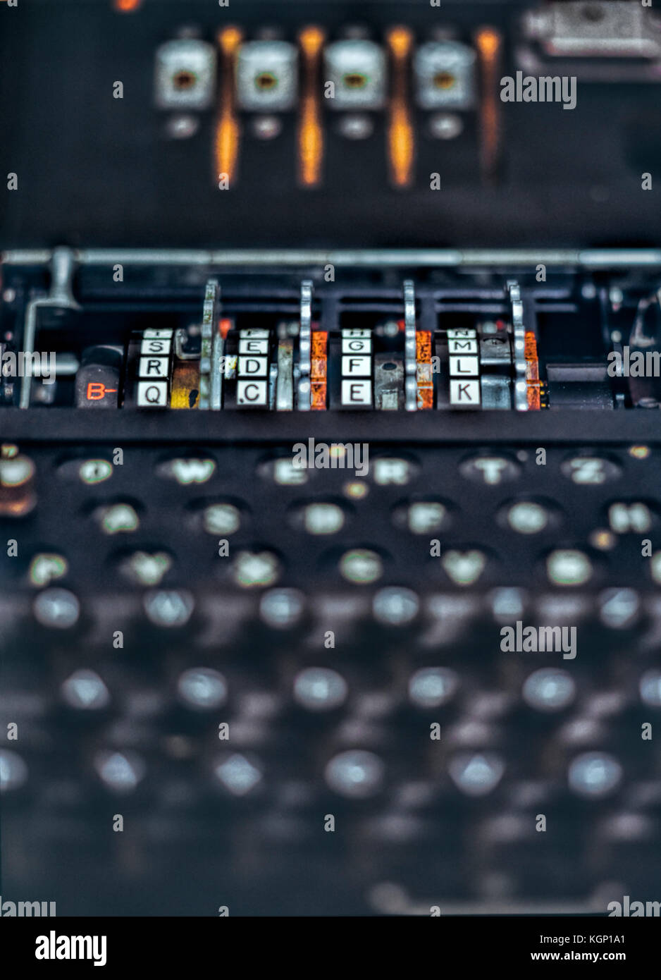 Rotoren und Tastatur des Deutschen Weltkrieg 2 Enigma Verschlüsselung/Entschlüsselung Gerät. Stockfoto