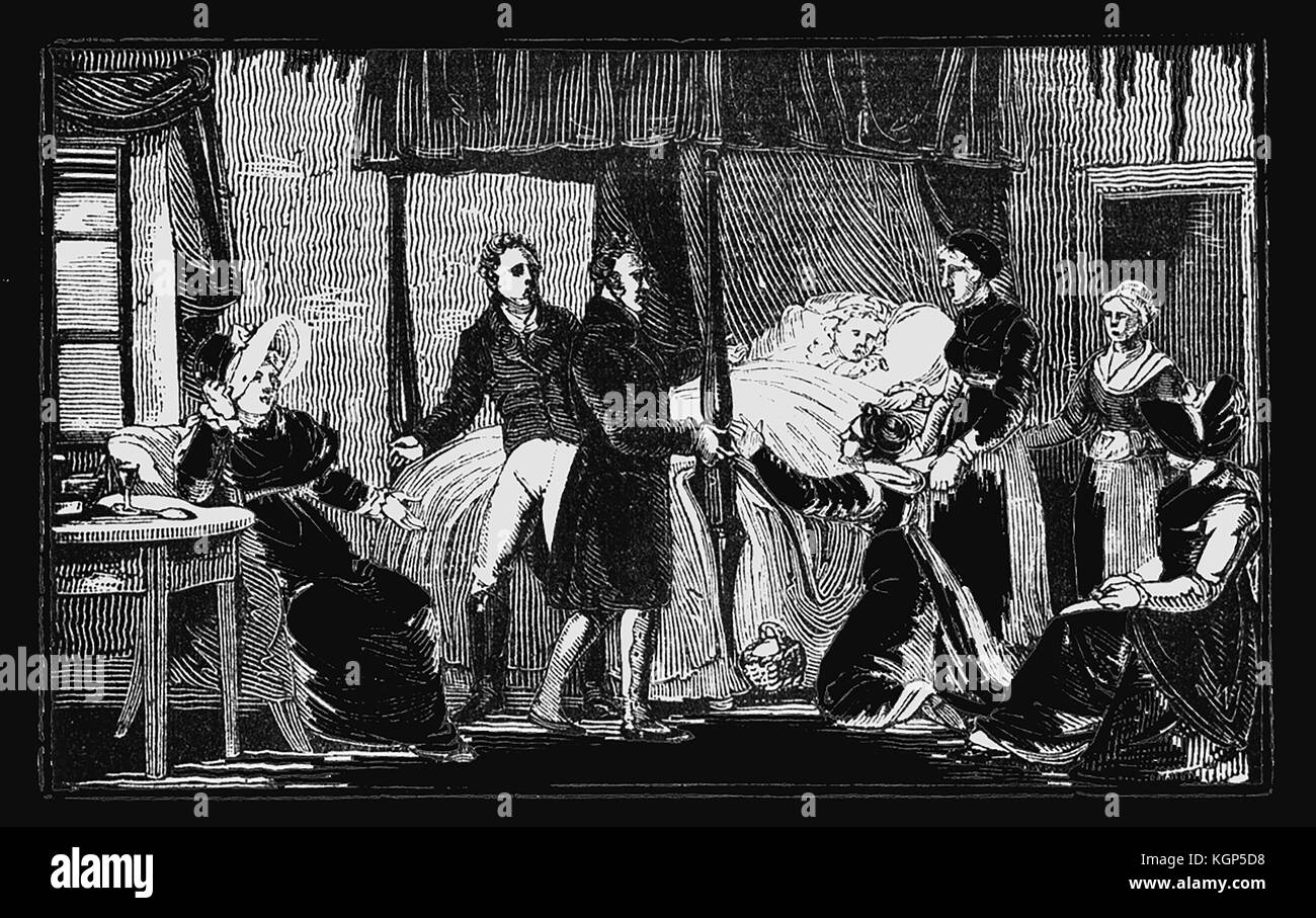 Sterbebett - ein high class Britische Familie versammeln sich um ihren Geliebten, wie sie in Bett zu Hause stirbt im Jahr 1700 Stockfoto