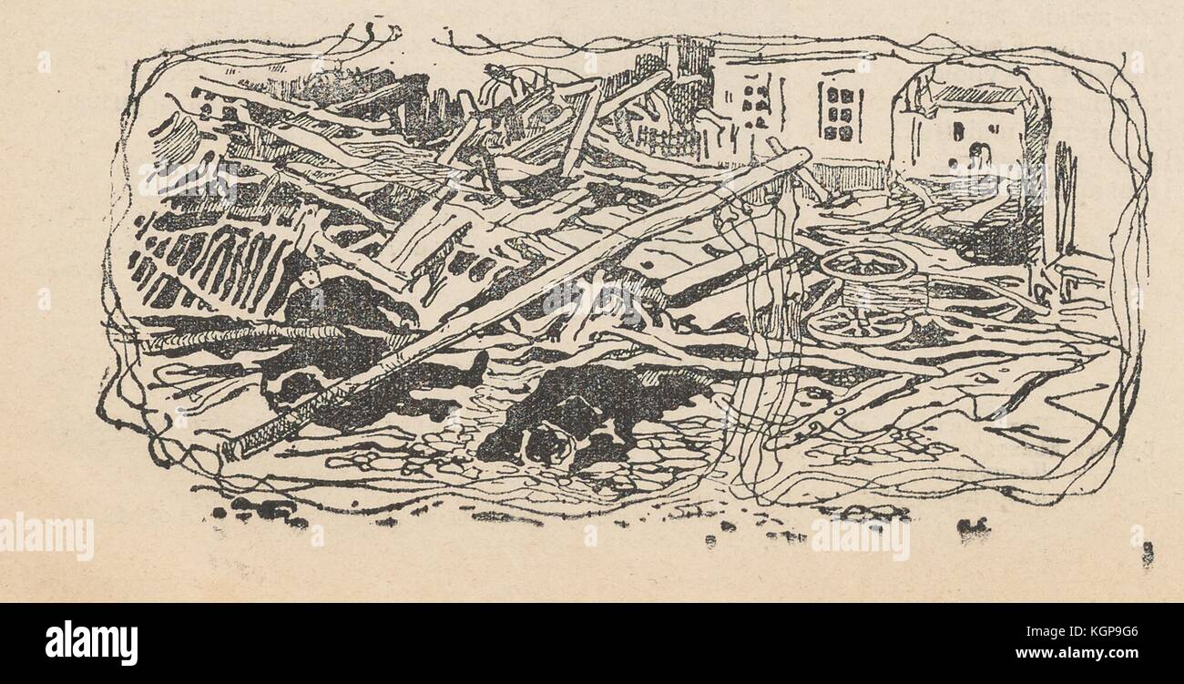 Abbildung aus dem russischen Satirien-Magazin Plamia (Flamme), die Menschen darstellt, die unter Schutt in einer Stadt gefangen sind; die Trümmer bestehen aus gefallenen Stangen, einer hölzernen Kutsche und möglicherweise Schutt von Gebäuden, 1905. () Stockfoto