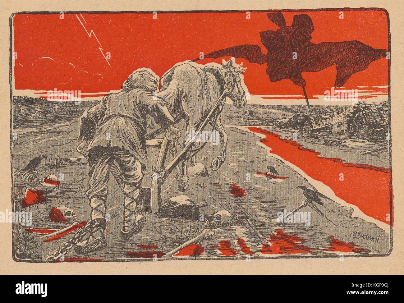 Illustration aus der russischen Satirezeitschrift Miting (Rally), die einen Mann mit einer Fesseln um den linken Knöchel zeigt, der ein Feld pflügt, das mehrere Schädel und Knochen verstreut hat, wobei Raben auf einigen Knochen sitzen; der Himmel und Teile des Bodens sind rot gefärbt, 1906. () Stockfoto