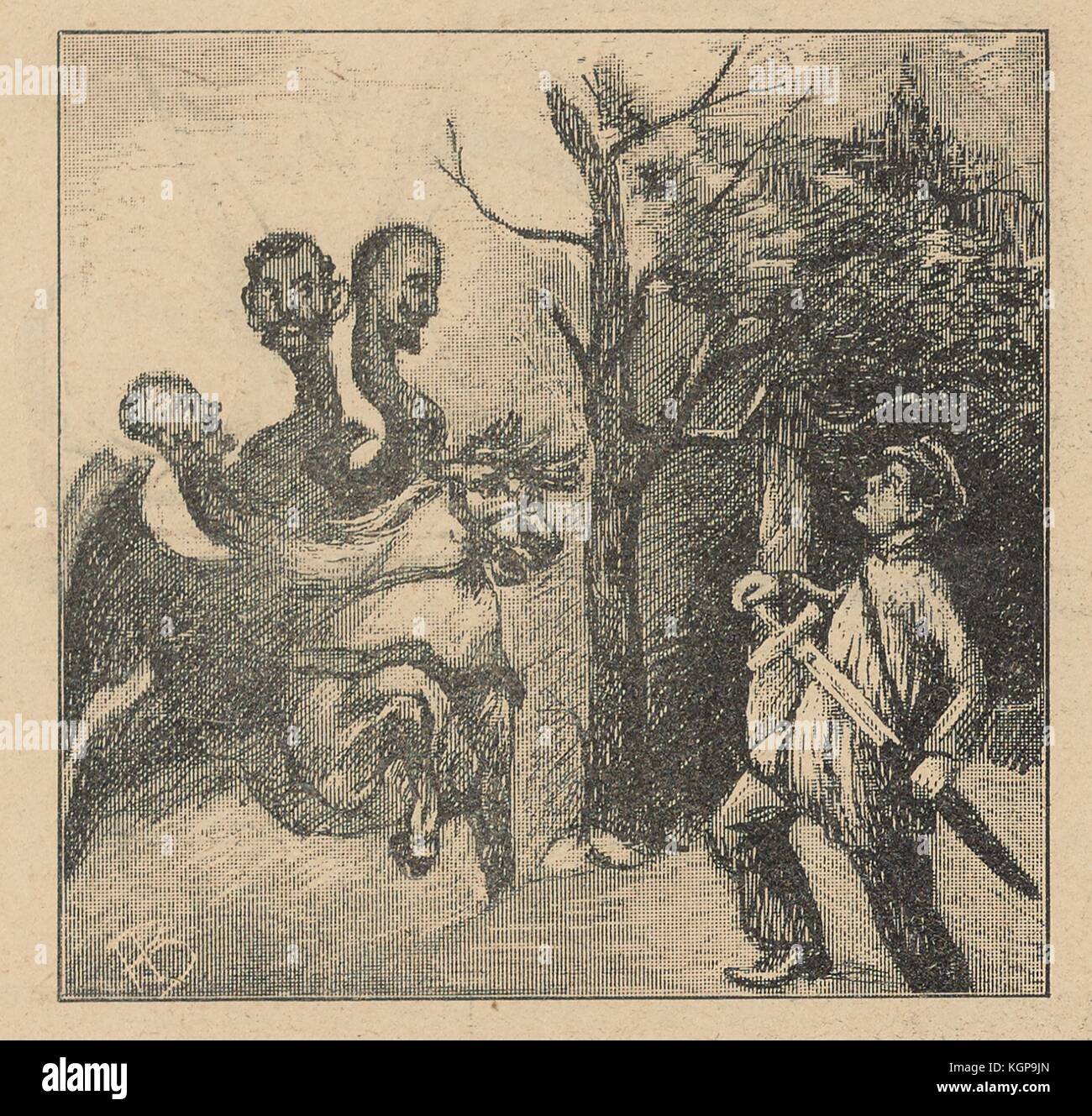 Cartoon aus der russischen Satirezeitschrift Ovod (Gadfly), der einen Mann zeigt, der sein Schwert aus der Scheide zieht, während er schockiert auf eine Kreatur mit drei menschlichen Köpfen starrt, die auf einer anderen mythischen Kreatur reitet (1906). () Stockfoto