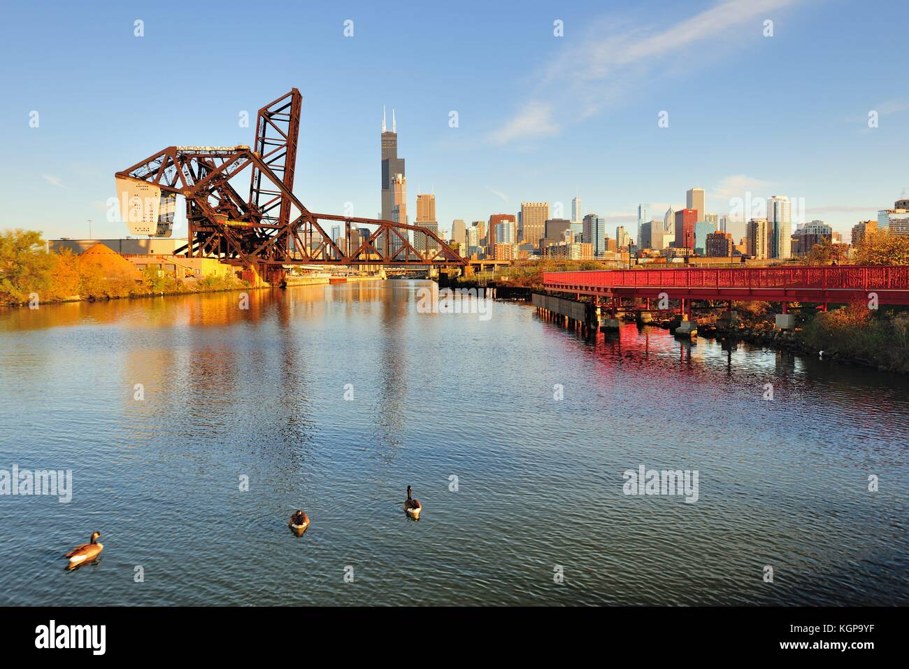 Ein Teil der Chicago Downtown Skyline jenseits der Südlichen Zweig der Chicago Fluss sichtbar. Chicago, Illinois, USA. Stockfoto