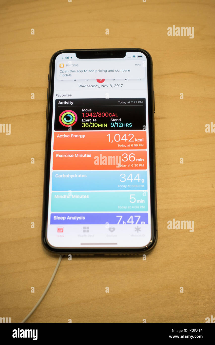 Gesundheit App auf dem iphone x Anzeige ein tägliches Protokoll der Aktivitäten Stockfoto