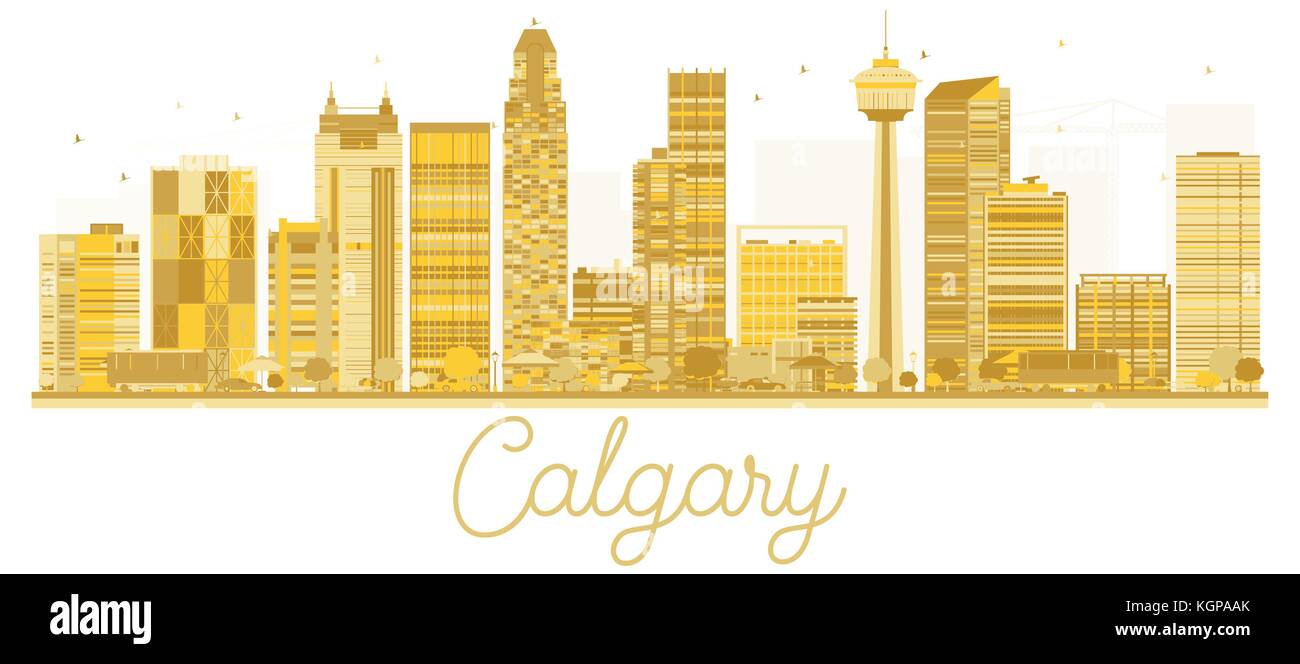 Calgary Skyline der Stadt goldene Silhouette. Vector Illustration. Business Travel Concept. Calgary Stadtbild mit berühmten Sehenswürdigkeiten. Stock Vektor