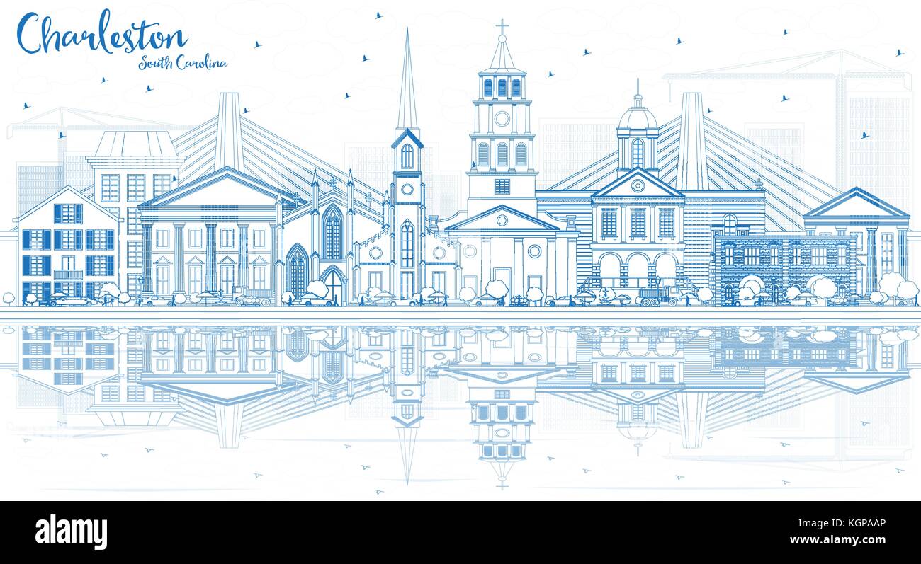 Umrisse Charleston South Carolina Skyline mit blauen Gebäude und Reflexionen. Vector Illustration. Business Travel und Tourismus Abbildung Stock Vektor