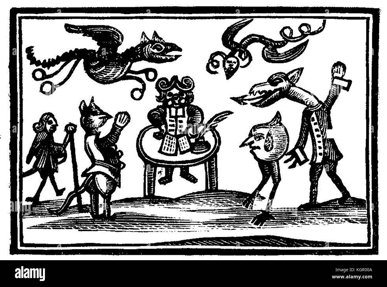 Hexerei - eine alte Holzschnitt zeigt vertraute eine Hexe, Dämonen und Kobolden Stockfoto