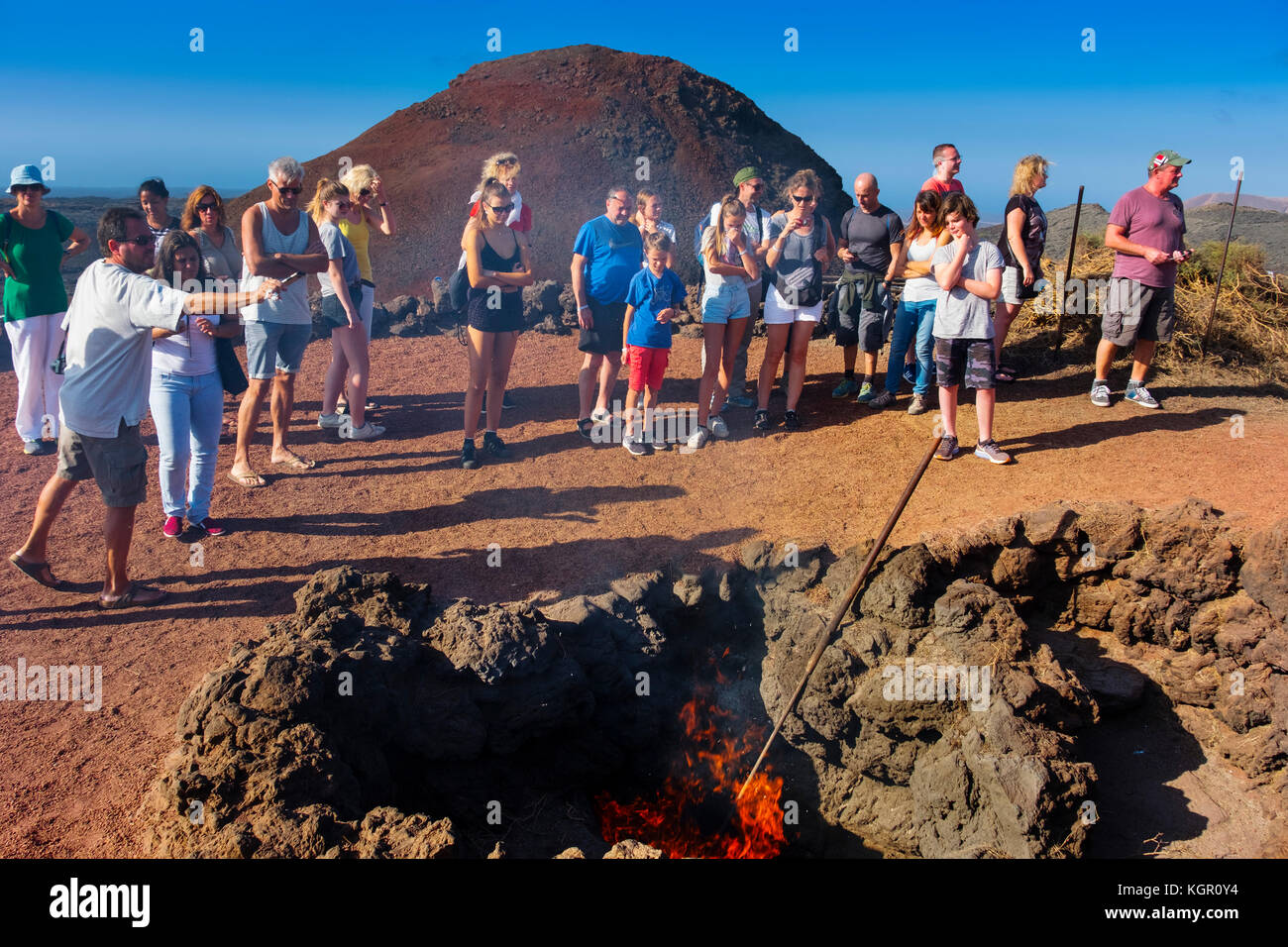 Demonstrationen vulkanischer Aktivität auf der Insel Hilario. Timanfaya Nationalpark. Lanzarote Island. Kanarische Inseln Spanien. Europa Stockfoto