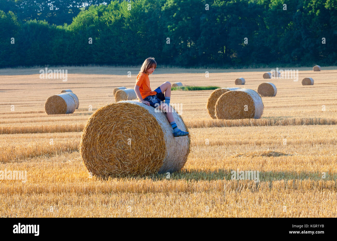 Junge sitzt auf einem Ballen Heu im Sommer Stockfoto