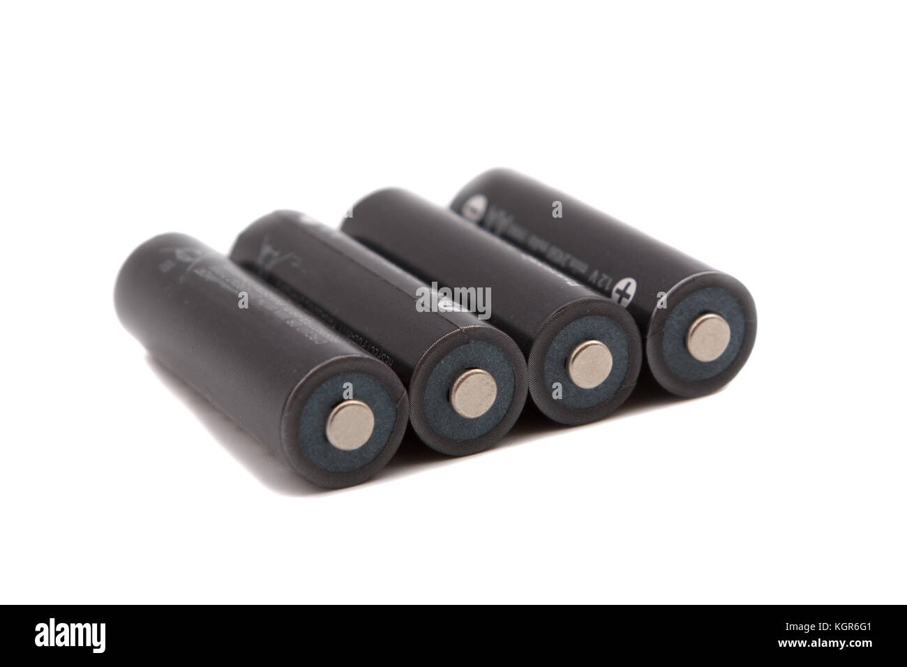 Die vier schwarzen Batterien auf weißem Hintergrund Stockfoto