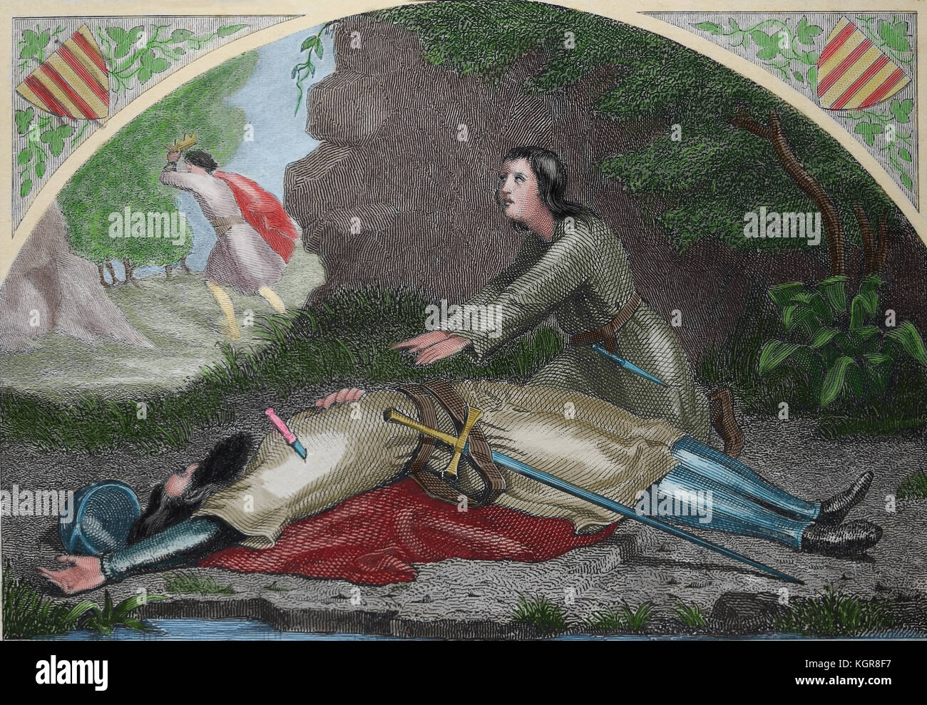 Wilfred der Haarige (9. Jahrhundert) Graf von Barcelona an der Leiche seines Vaters. Erbte katalanische Grafschaften. Gravur. Stockfoto