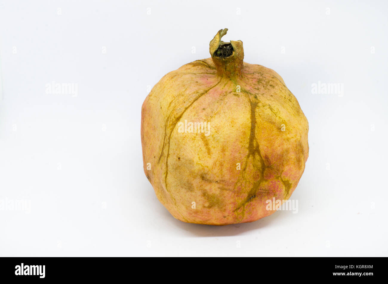 Faule Granatapfel auf weißem Hintergrund Stockfoto