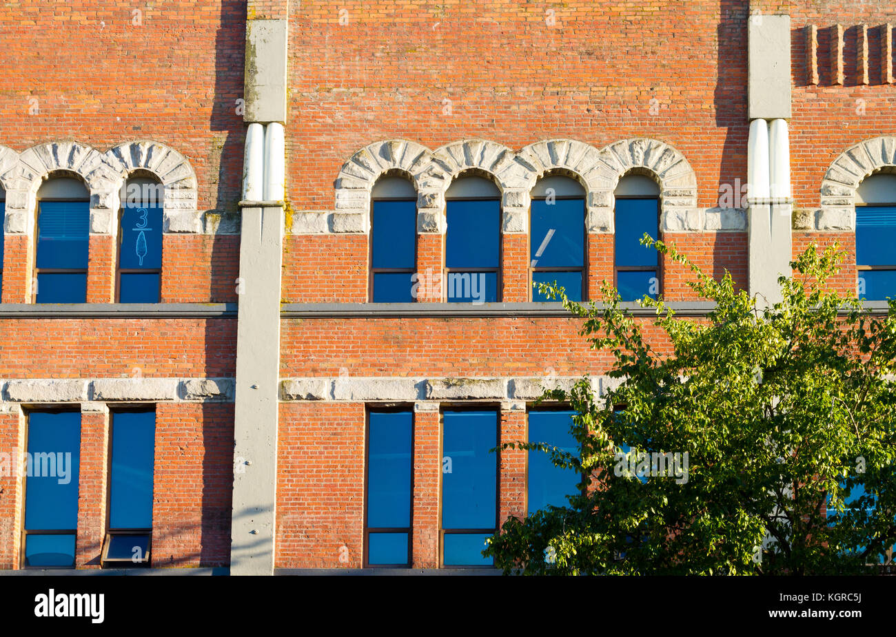 Rundbogenfenster bilden ein Muster an der Wand eines Gebäudes in Victoria, BC, Kanada. Stockfoto