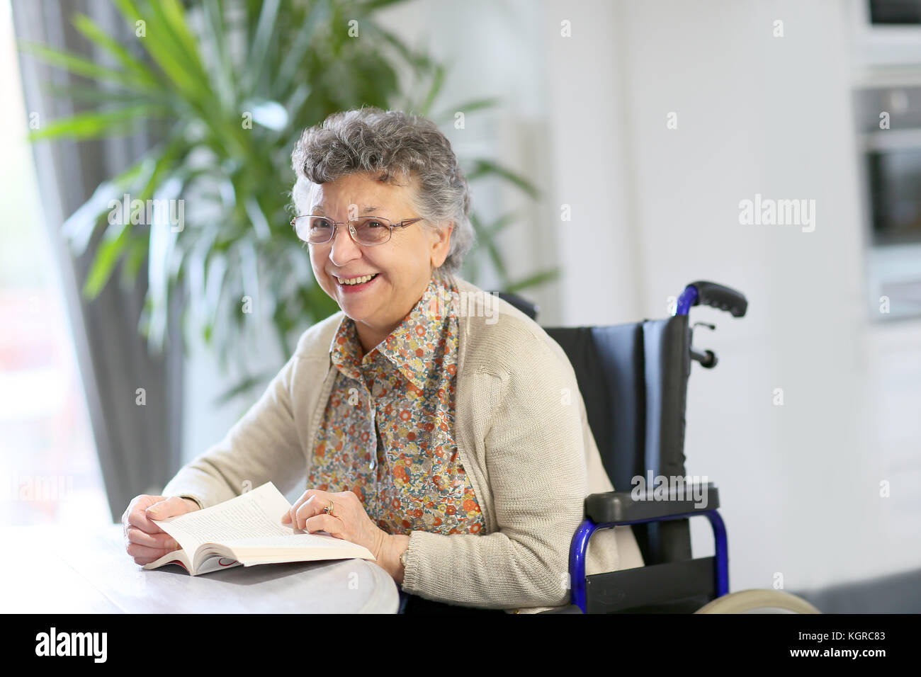 Ältere Frau im Rollstuhl lesen Buch Stockfoto